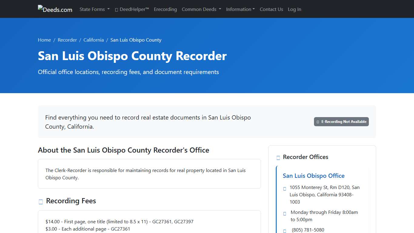 San Luis Obispo County Recorder Information, California - Deeds.com