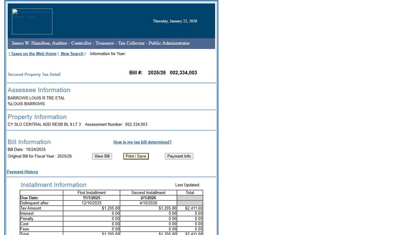 San Luis Obispo County Tax Collector- Property Tax Information Detail